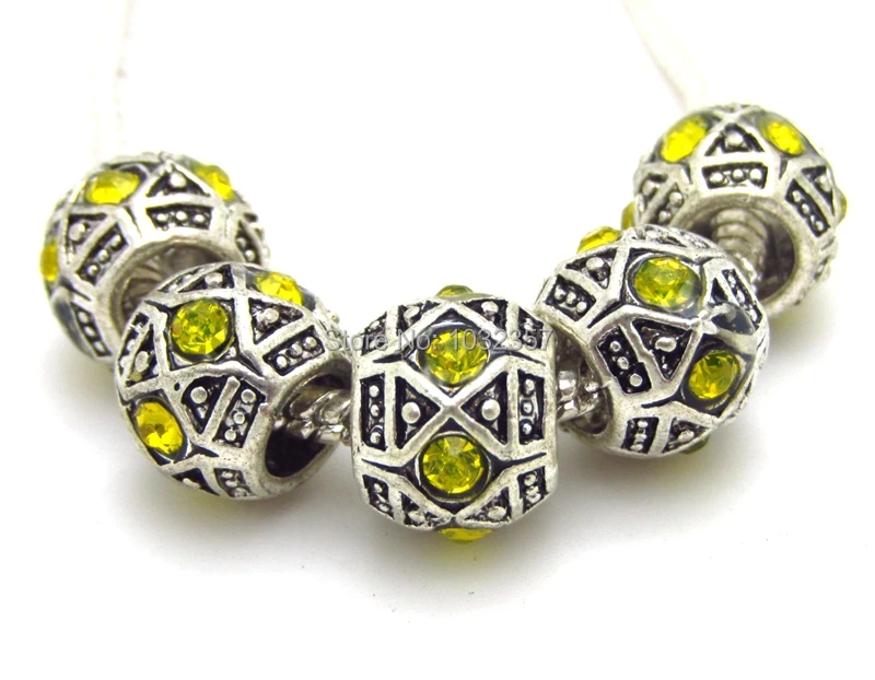 Wholesale 20pcs/lot Yellow Rhinestone Tibetan Silver Plated Drum Style Big Hole Spacer Beads fit European Bracelet and Necklace | Украшения