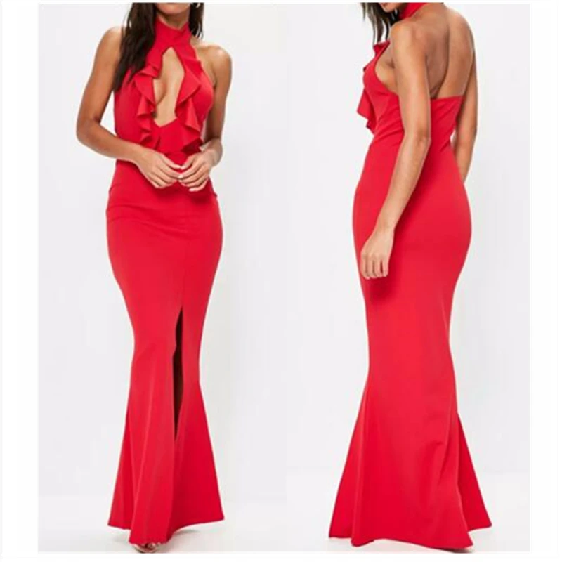 Open Bust Ruffles Split Dresses 2019 Spring Sexy Halter Backless Women