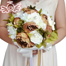 Искусственный Пион розы Букет невесты атласная лента розовый жемчуг свадебные цветы для невесты Свадебная buque de casamento para noivas