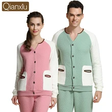 Осенняя домашняя одежда для пар, Повседневная Лоскутная Пижама, набор, мужская теплая одежда для сна с хлопковой подкладкой, мужской костюм с v-образным вырезом, пальто и штаны