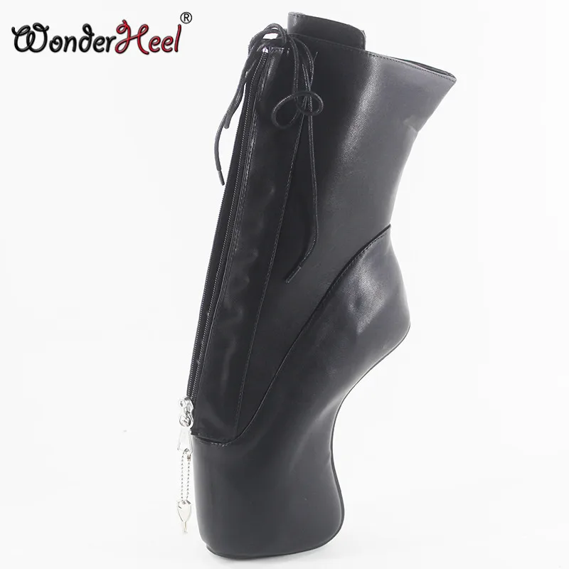 

Wonderheel extreme high heel 7" wedges heel YKK locked zipper red matte sexy fetish lace up curved heel ankle ballet boots