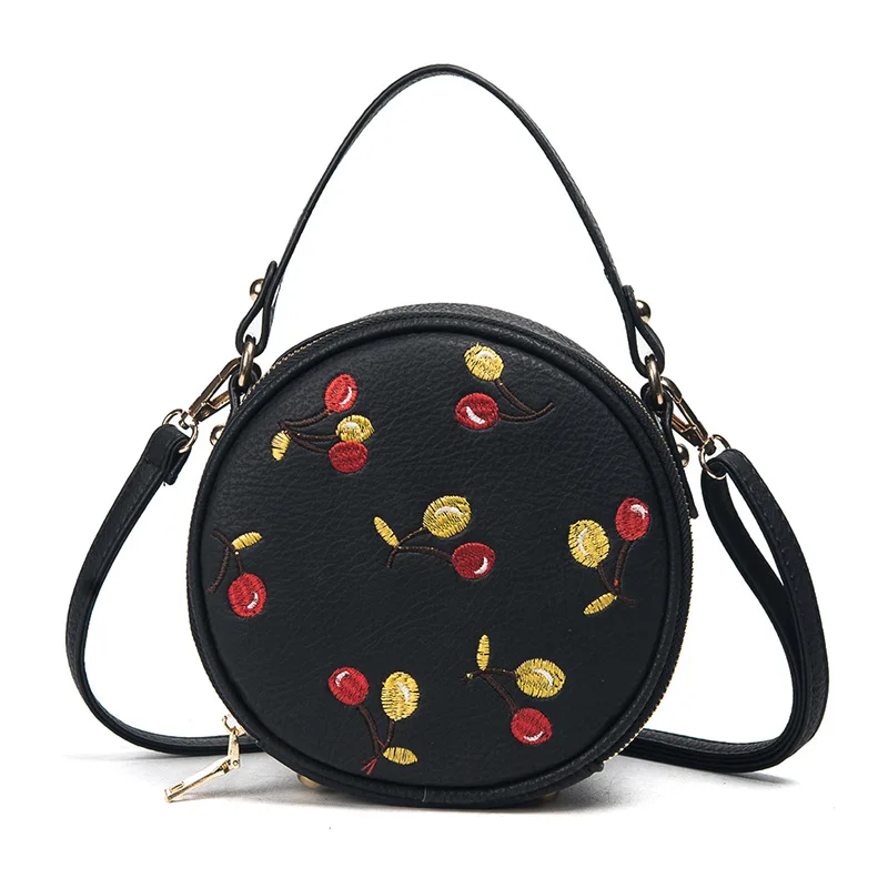 

Small Round Bag Cherry Embroidery Design Women Chain Shoulder PU Leather Circular Handbags Mini Totes Funny Crossbody Bags A49