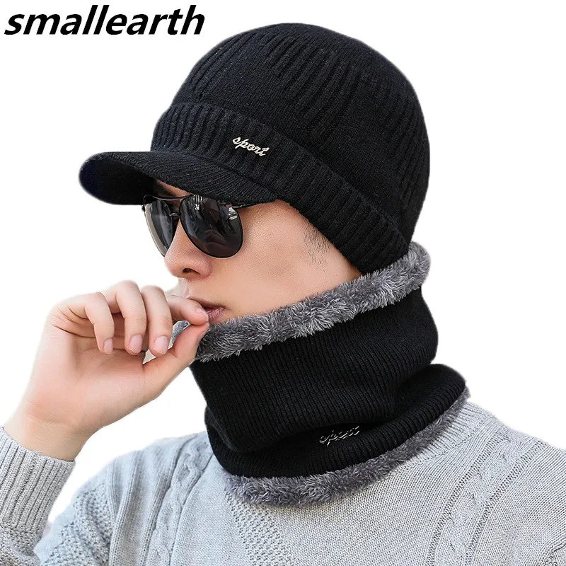 Goede Herfst Winter Mannelijke Hoed Plus Fluwelen Dikke Gebreide Wollen Muts Sjaal Set Mannen Warm Mutsen Fashion Sneeuw Oorkleppen Pluche Kraag cap Sets