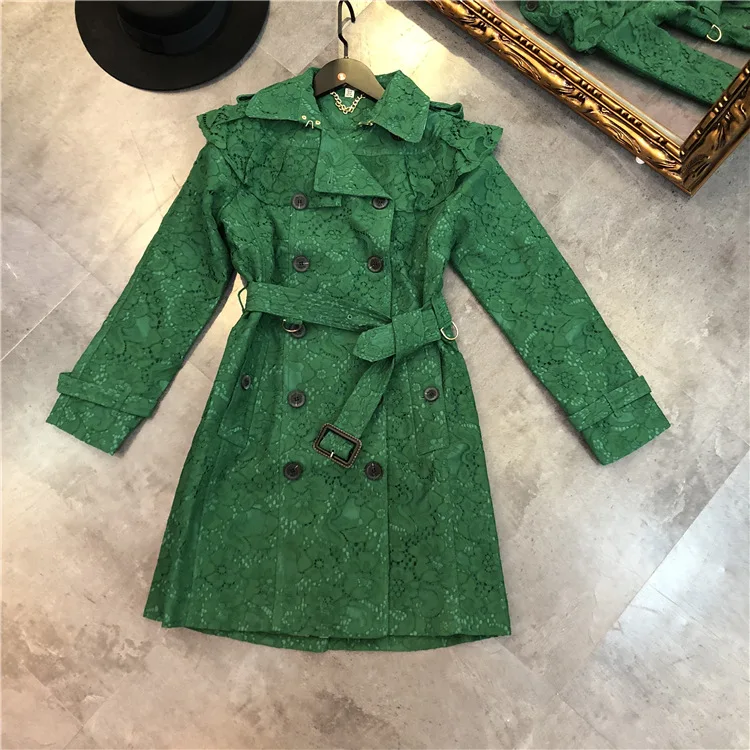 High quality lace ruffles belted windbreaker coat 2018 autumn sweet girl's trench coat D223 Coats