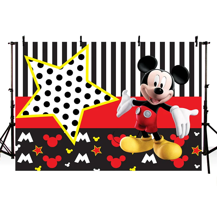

Vinyl Photography Backgrounds Micky Black White Stripes Stars Cartoon Character custom Happy Birthday Party Banner Photocall