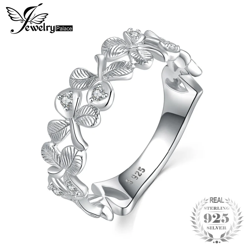 

JewelryPalace Lucky 3 Leaf Clover CZ Ring 925 Sterling Silver Rings for Women Party Stackable Wedding Rings Silver 925 Jewelry