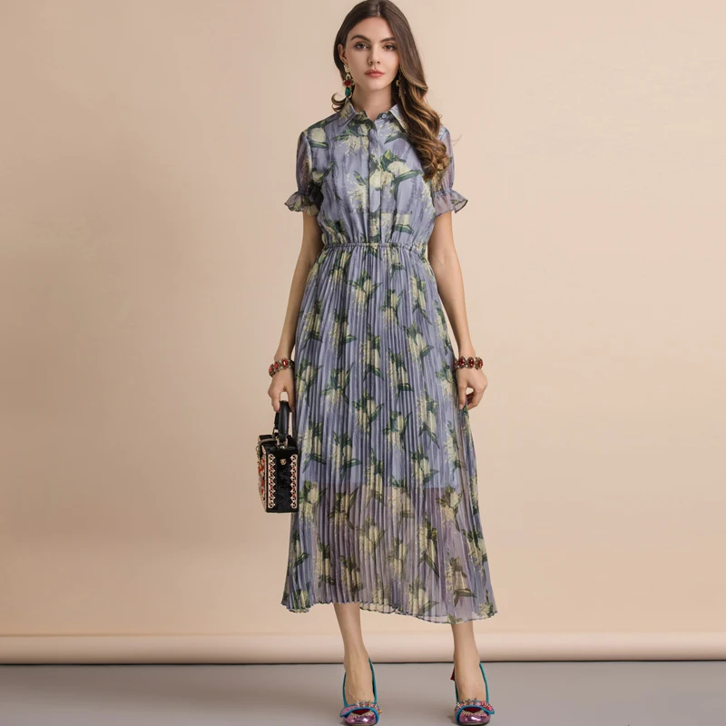 LD LINDA делла модное подиумное летнее платье для женщин рукав-фонарик цветочный принт эластичный пояс элегантные тонкие плиссированные макси платья