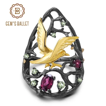 

GEM'S BALLET 0.85Ct Natural Rhodolite Garnet Bird On the Tree Rings 925 Sterling Silver Handmade Gemstones Ring for Women Bijoux