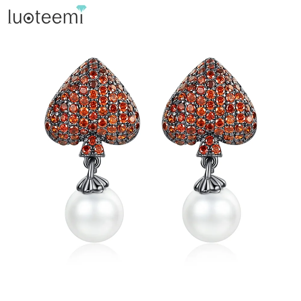 LUOTEEMI, милые серьги-гвоздики в форме сердца с искусственным жемчугом для женщин, Роскошный CZ Pendiente, Свадебная вечеринка, черный, красный цвет, рождественский подарок