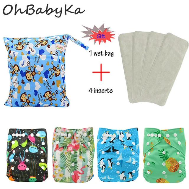 

OhBabyKa Baby Diapers Reusable Pocket Cloth Diaper 4Pcs+ 4Pcs Microfiber Insert+1pc Nappy Bag Adjustable Baby Nappies Cover