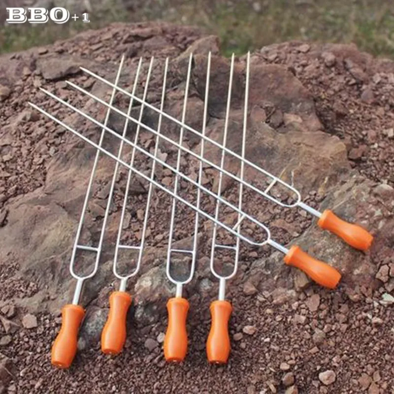 

Hot 6pcs/set wooden-handle stainless steel fork barbecue roasting needles stainless steel skewers Outdoor Campground Lunch Tools