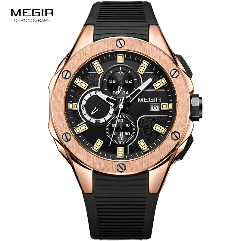 

Men's Silicone Strap Rose Gold Sports Quartz Watches Army Military Chronograph Clock Stop Watch Wristwatch Man Relogios 2053-1N0