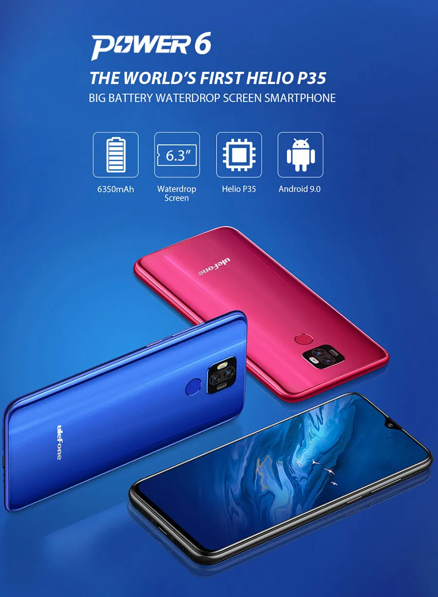 Мобильный телефон Ulefone power 6 19:5:9 FHD+ 6,3 ''Face ID Android 9,0 MTK67635V Восьмиядерный 4 Гб 64 Гб 6350 мАч NFC OTG