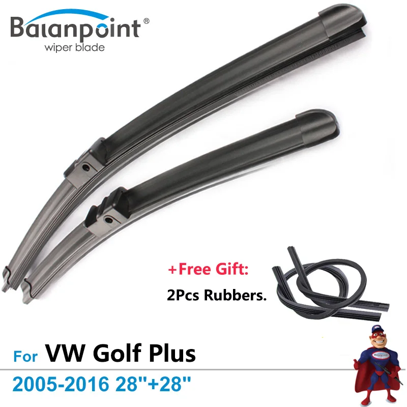2Pcs Wiper Blades + 2Pcs Free Rubbers for Volkswagen Golf Plus 2005