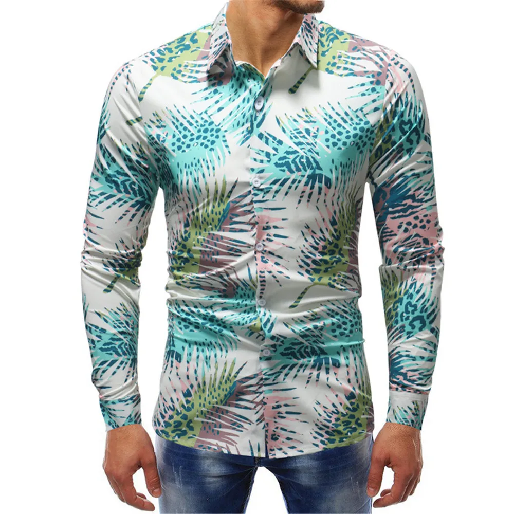 2018 Мужская мода с длинным рукавом Slim Fit Печатных Гавайские рубашки Однобортный рубашки Urban Костюмы большой Размеры Повседневная рубашка