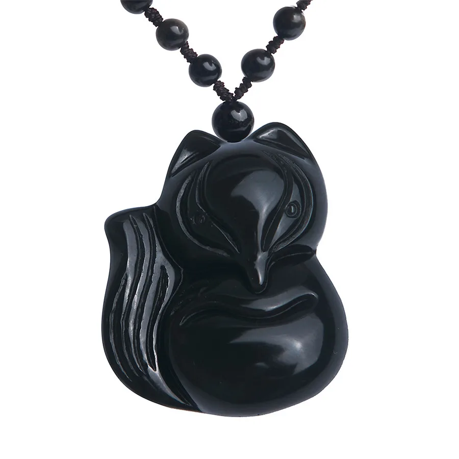 Genuine Natural Rainbow Lights Obsidian Gemstone Necklaces Pendants Women Female Fox Carved Natural Obsidian Pendant 373012mm (5)