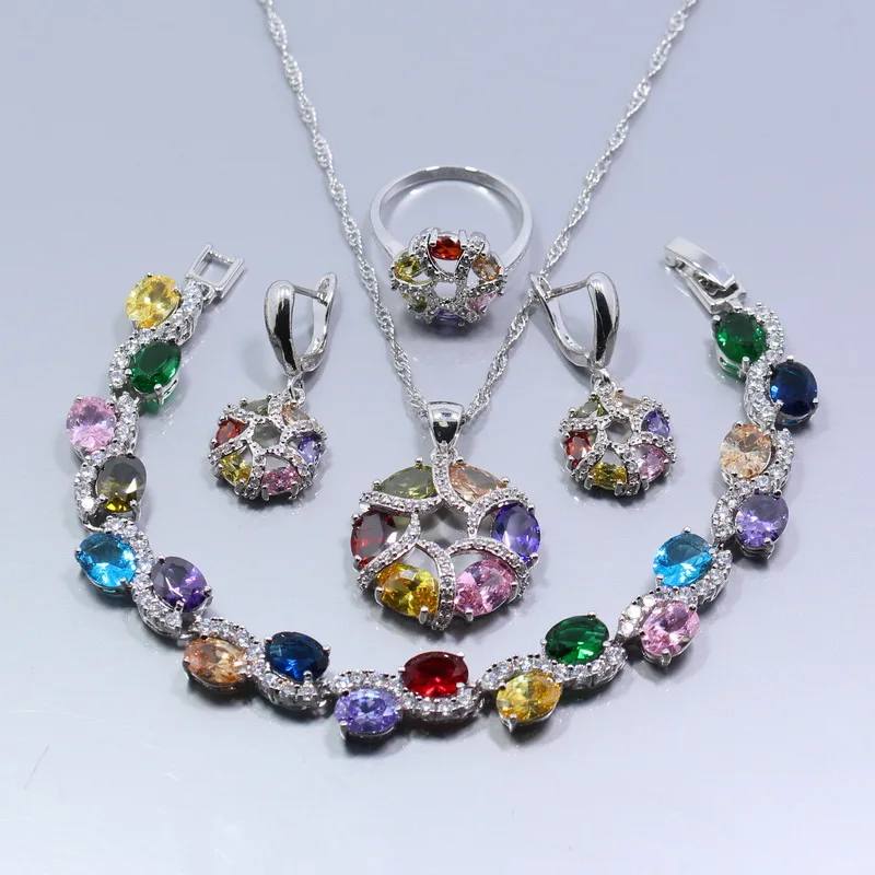 

Manny 4PCS Jewelry Set 925 Sterling Silver Alluring Multicolor Zircon Earrings Ring Necklace Pendant Bracelet Z42