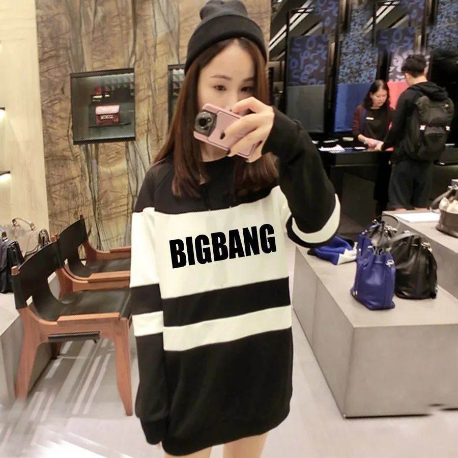 

Bigbang kpop concert made striped sweatshirt print hooded jacket for autumn vip plus size sportswear white hood k-pop women