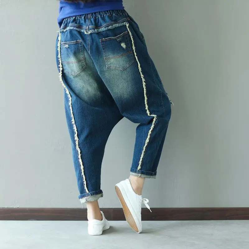 Вышитые шаровары с цветочным рисунком, джинсы, потертые мешковатые джинсовые шаровары с заниженным шаговым швом, женские хип-хоп штаны в стиле панк, бохо-кросс G060501