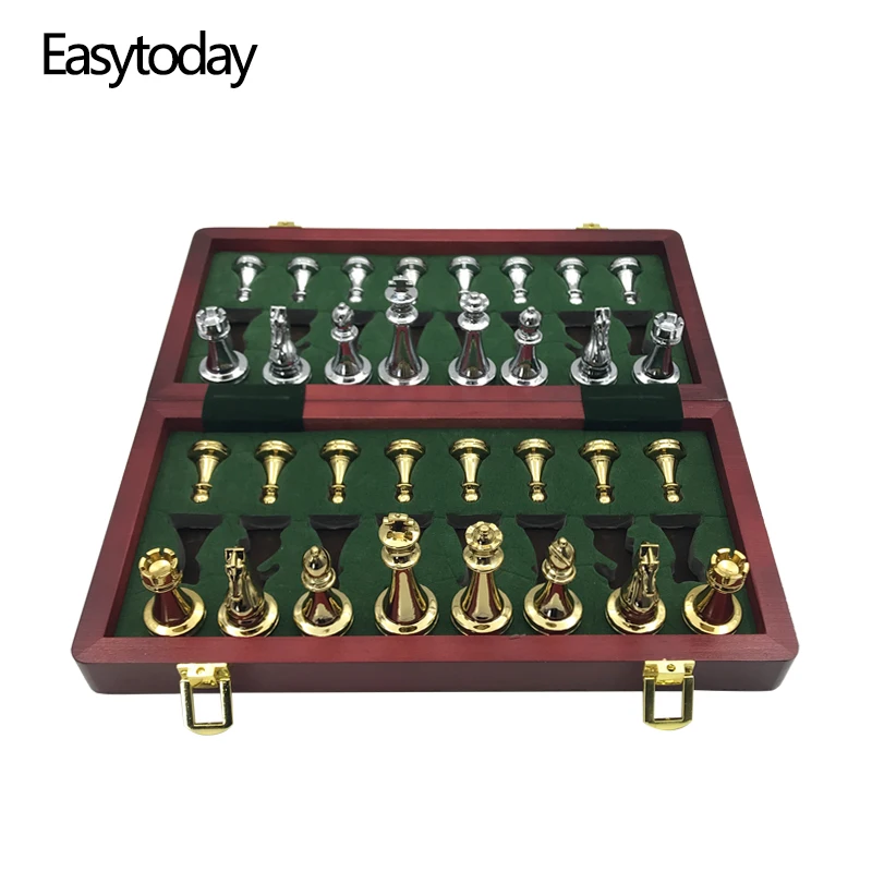 Ouro e Prata Peças de Xadrez Tabuleiro de Xadrez Dobrável de Madeira Sólida de Alto Conjunto de Jogos de Xadrez Easytoday Metal Brilhante Grau Profissional