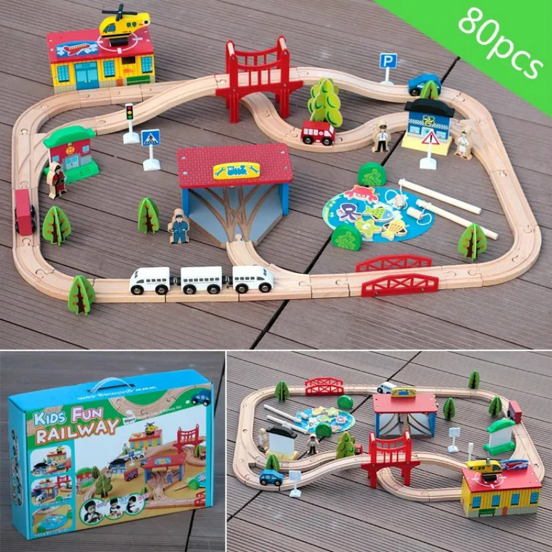 

80pcs Magnetic Wooden Train Track Electric Train Fishing Wooden Scene Round Curved Track Puzzle Manual Assembly Children Fun Toy