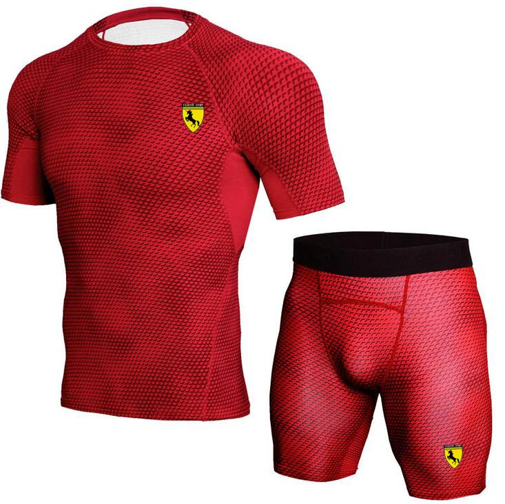 

Men Gym TrackSuit Train Stretch Sport T Shirt Suit Set Trousers Pants Cycling sweatsuit Elastic Waist