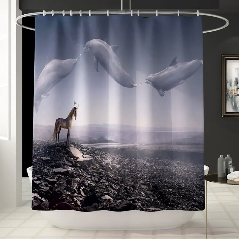 4pcs/set shower curtain set animals style bathroom accessories bath mat carpet toilet cover mug bath curtains with hooks YLS09 - Цвет: 1pc curtain-B