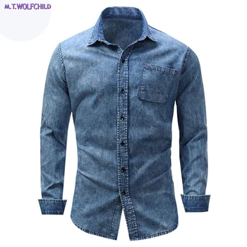 

Fashion 2018 Autumn mens long sleeve vintage blue denim shirts casual 100% cotton lapel shirts spring mens clothing denim tops