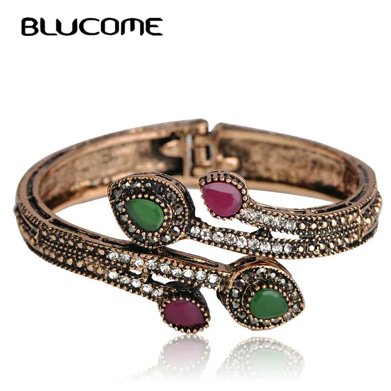 

Blucome Vintage Green Branch Flower Bangles Red Water Drop Resin Women Lady Bangle Bracelet Hand Crystal Turkish Jewelry Gifts
