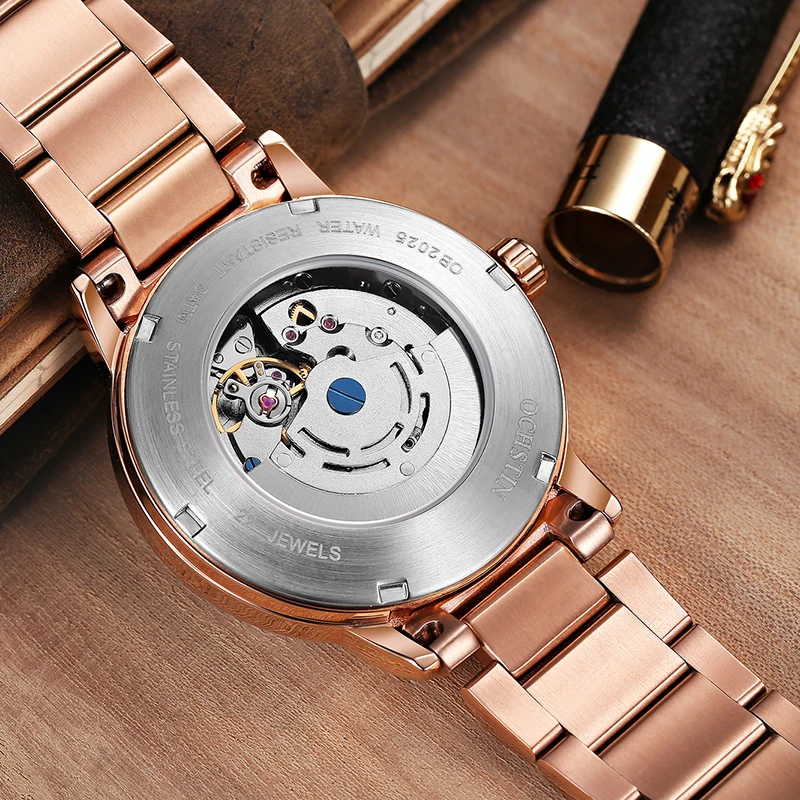 Роскошные мужские механические часы от топ бренда ochстin, розовое золото, полностью стальной браслет horloges mannen, автоматические спортивные часы с датой