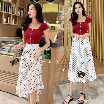 

Korean New Dot A-line Two Piece Set High Waist Single Breasted Fashion Twinset Vintage Fashion Casual Women's Sets