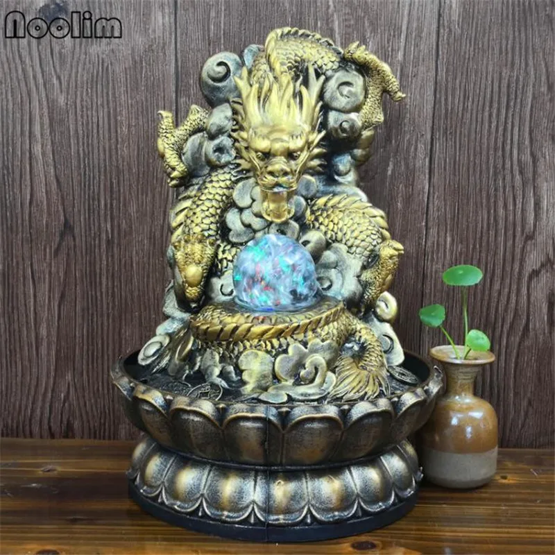 

Gold Dragon Resin Water Fountains Feng Shui Wheel With Light LED Ball Home Office Tabletop Water Fountain Figurines Decoration