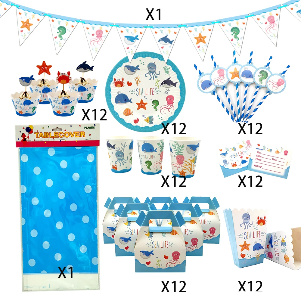 

98Pcs for 12kids Sea Life Marine Animals theme birthday party supplies tableware set, plate+straw+glass+candybox+invitations ect