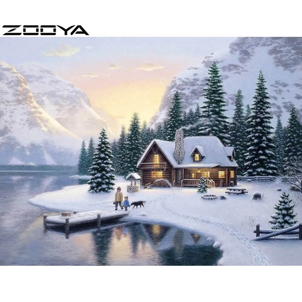 

ZOOYA DIY Diamond Painting Scenic Diamond Embroidery Cross Stitch Pattern Rhinestones Round Diamond Mosaic Kits Snow House R151