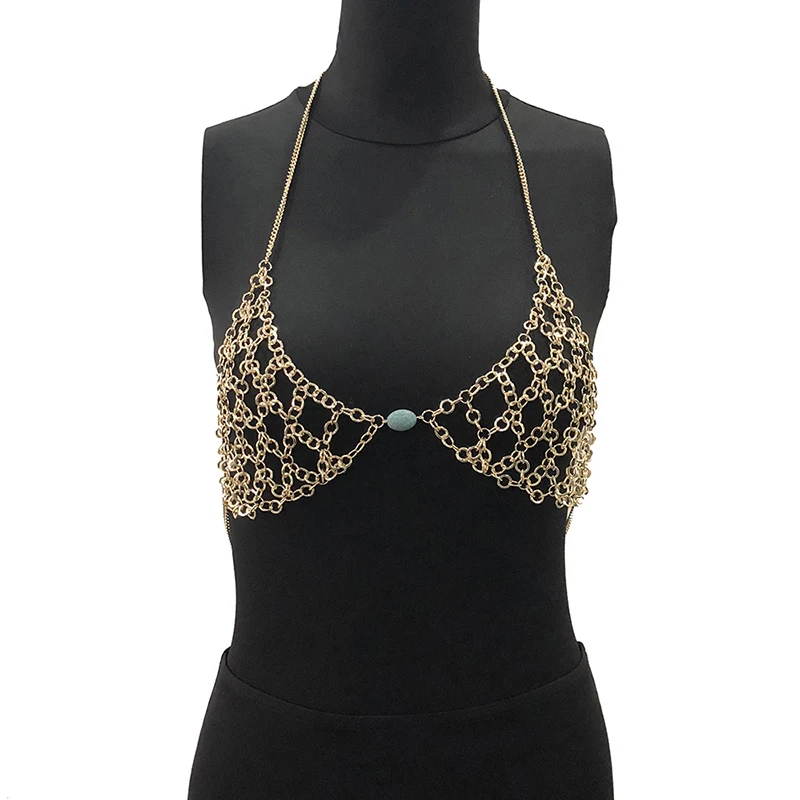 Bar Crops Sexy Metal Chain Halter Crop Top Open Hollow Out