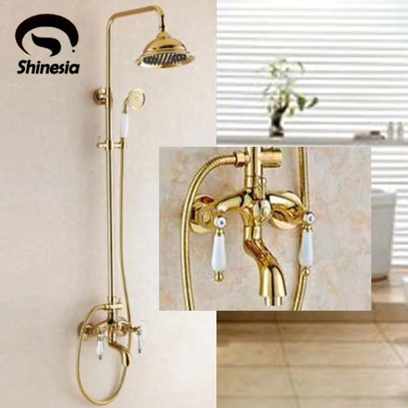 Ceramic Handles Bathroom Mixer Tap Tub Spout Hand Shower Unit Shower Faucet Gold