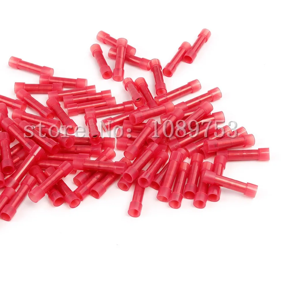 

100PCS 22-18 Insulated Butt Connectors Nylon Crimp Electrical Wire Terminals Red 0.5-1.5mm2