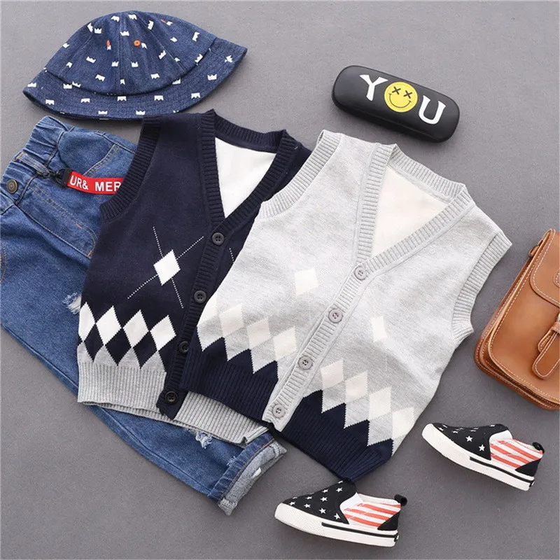 

Plaid Children's Sweater Vest Cotton Roupas Infantis Menino Baby Knitted Cardigan V-neck Thin Sweater For A Boy Clothes