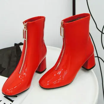 

2019 Women Boots Comfort Square High Heels Ankle Boots Fashion Patent Leather Zipper Square Toe Autumn Winter Ladies Boots Shoes