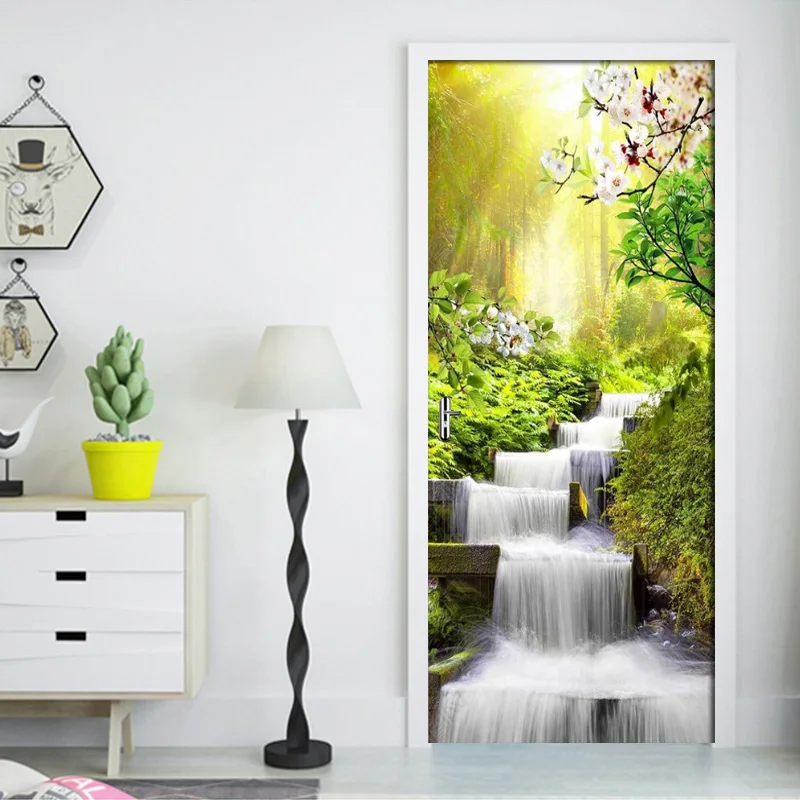 3d креативная дверь наклейка домашний декор холст печать водопад пейзаж Картина самоклеющиеся водоотталкивающие обои современные стены Искусство