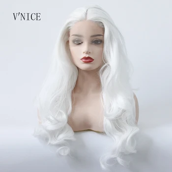 

V'NICE Middle Part Wig Hand Tied Snow White Color Wig Synthetic Lace Front Hair Wig Natural Long Wavy Wig for White Women