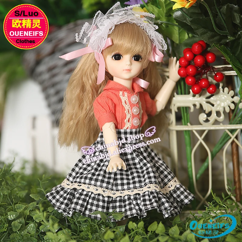 Одежда для кукол BJD SD 1/6 оранжевая футболка и черная клетчатая юбка девочек или