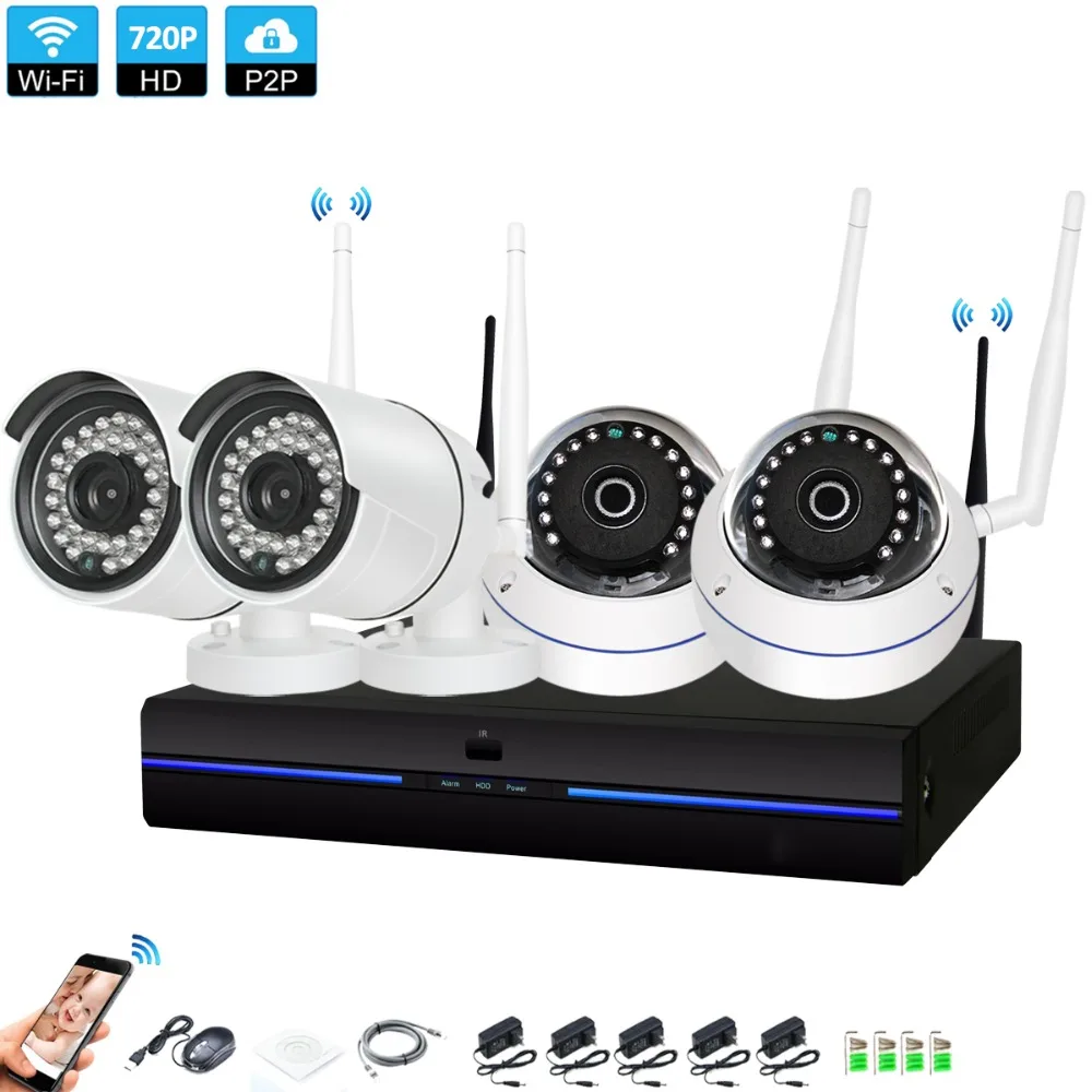 

4CH Wireless NVR 720P CCTV System 4PCS 1.0MP indoor outdoor Wifi IP CCTV Security Camera System Surveillance Kit
