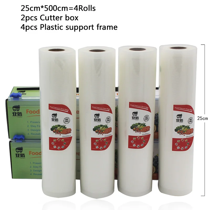 

YAJIAO 4rolls 25*500cm Vacuum Sealer Bag with Cutting Knife Box For Vacuum Sealer Food Fresh Kitchen Long Keeping Storage Bag