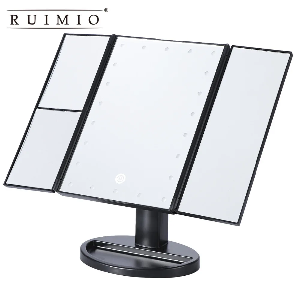 

LED Vanity Makeup Mirror Trifold 21LEDs Lighted with Touch Screen 180Adjustable Stand Magnification USB Countertop Cosmetic