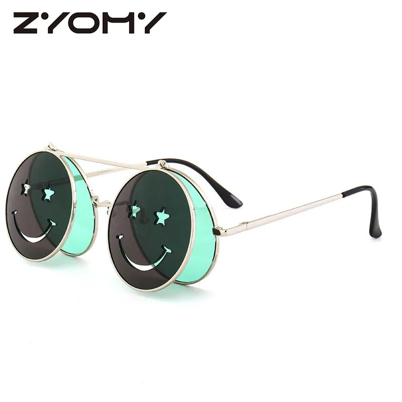Zyomy круглый смайлик флип-чехол очки двойной слой флип-ап Gafas стимпанк женские солнцезащитные очки Брендовые дизайнерские женские очки - Цвет линз: C3