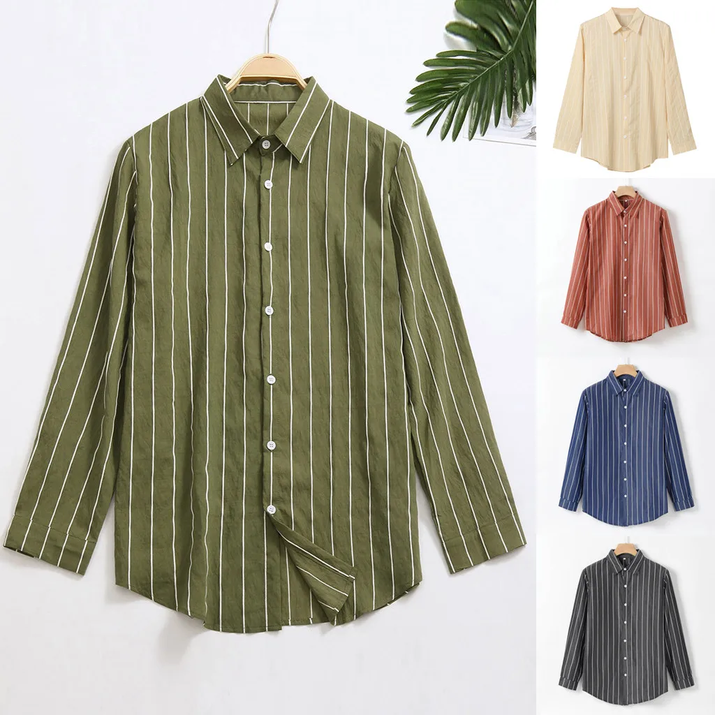 

2019 Spring Summer Long Sleeve Shirt Men Solid Striped Casual Shirts Turn-Down Collar Cotton Men's Shirt JUNE19