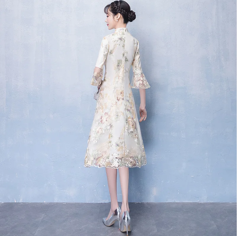 Пикантные бежевые китайский свадебное платье Qipao Мини Cheongsam модные короткие Qi Pao традиционные для женщин вечернее платье, китайское невесты традиции