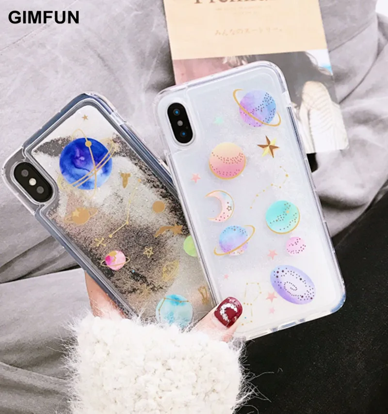 

Gimfun Space Quicksand Planet Phonecase for Iphone 7 7plus / 8 / 6s Soft Silicone Liquid Cover for IPhone X Case Female