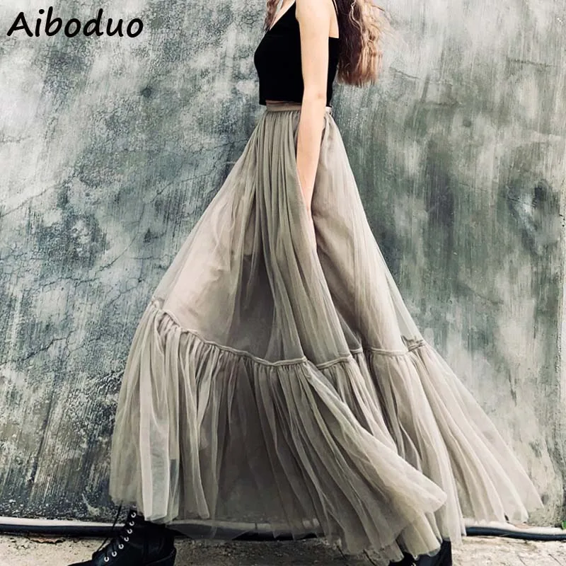 

Multi-layer Mesh Ball Gown Long Grey Mesh Skirt Women Winter Autumn 2018 High Quality Fashion Vintage Skirt Bottomes S/M/L